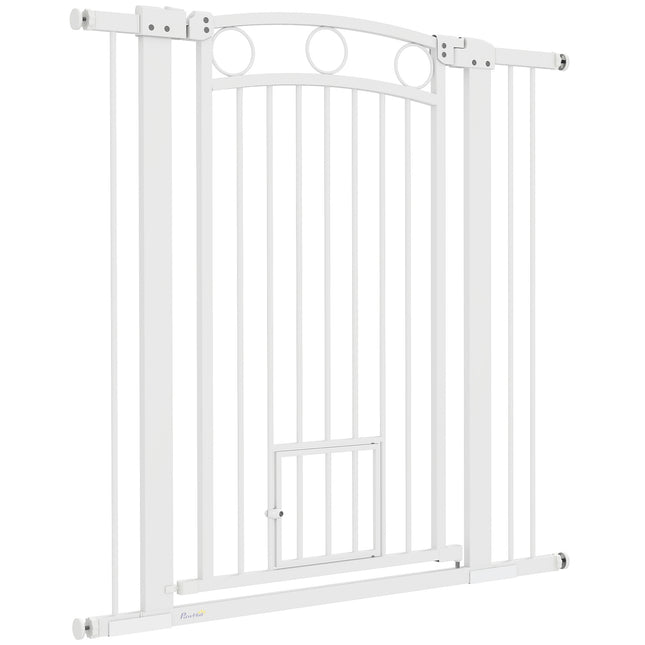 Hondenluik veiligheidshekje, 76-104 cm barrière zonder boren, stalen traphekje, traphekje met kattendeur, beschermhek, traphekje, deur, hal, wit