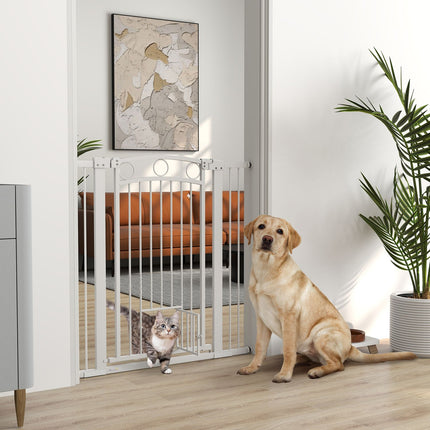 White steel protective gate for dogs and cats, 76-104 cm, no drill installation