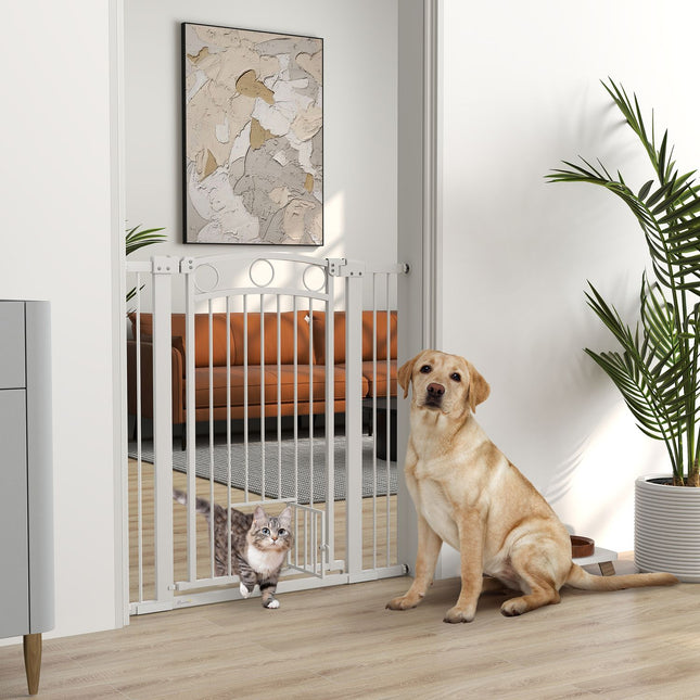 Hondenluik veiligheidshekje, 76-104 cm barrière zonder boren, stalen traphekje, traphekje met kattendeur, beschermhek, traphekje, deur, hal, wit