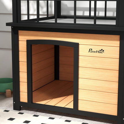 Psí bouda s balkonem a schůdky – smrkové dřevo, žlutá