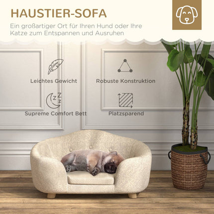 Plush dog sofa with cushion, pine frame, cream white