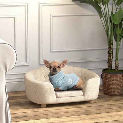 Plush dog sofa with cushion, pine frame, cream white