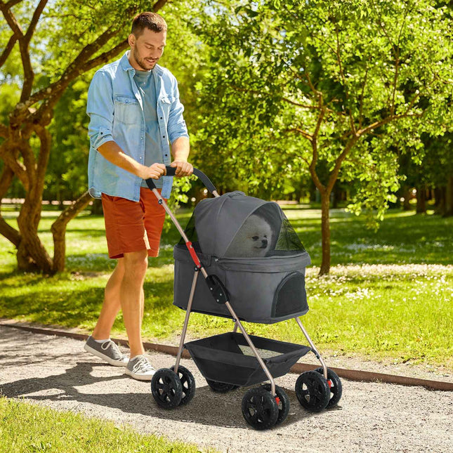 Hondenbuggy 3 in 1 hondenbuggy opvouwbare hondenbox, opvouwbare transporttas met bekerhouder, hondenbuggy, kattenbuggy met 360° wielen kattenbuggy voor minihonden onder de 4 kg, grijs Aosom