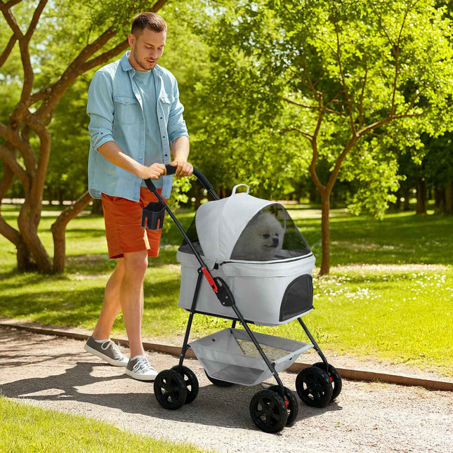 Hondenbuggy 3 in 1 hondenbuggy opvouwbare hondenbox, opvouwbare transporttas met bekerhouder, hondenbuggy, kattenbuggy met 360° wielen kattenbuggy voor minihonden onder de 4 kg, lichtgrijs Aosom
