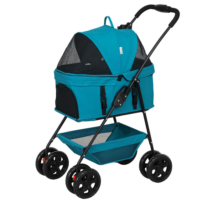 Hondenbuggy 3 in 1 hondenbuggy opvouwbare hondenbox, opvouwbare transporttas met bekerhouder, hondenbuggy, kattenbuggy met 360° wielen kattenbuggy voor minihonden onder de 4 kg, turquoise Aosoom