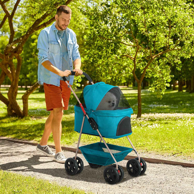 Hondenbuggy 3 in 1 hondenbuggy opvouwbare hondenbox, opvouwbare transporttas met bekerhouder, hondenbuggy, kattenbuggy met 360° wielen kattenbuggy voor minihonden onder de 4 kg, turquoise Aosoom