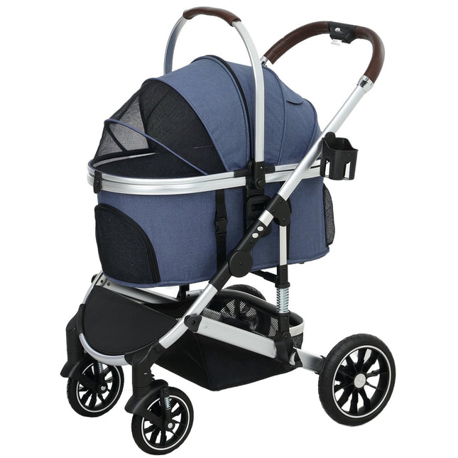 Hondenbuggy 3 in 1 hondenbuggy opvouwbaar voor honden en katten tot 10 kg kattenbuggy met kussen bekerhouder gaasramen deuren opbergmand kattenbuggy donkerblauw Aosom