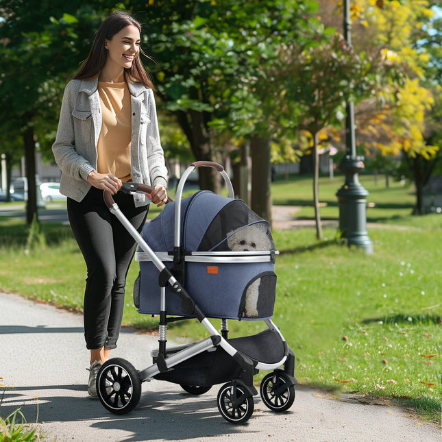 Hondenbuggy 3 in 1 hondenbuggy opvouwbaar voor honden en katten tot 10 kg kattenbuggy met kussen bekerhouder gaasramen deuren opbergmand kattenbuggy donkerblauw Aosom