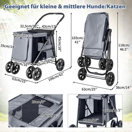 Kočárek pro psy skládací do 40 kg psí vozík s polštářem 106 x 63 x 103 cm šedý