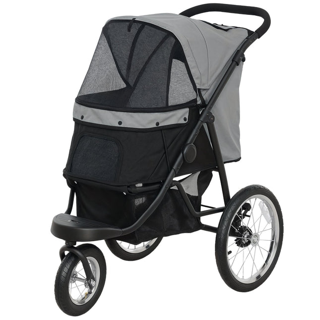 Hondenbuggy jogger hondenbuggy opvouwbaar voor kleine honden en katten tot 10 kg kattenbuggy met 3 grote rubberen wielen, kussen gaasramen opbergmand kattenbuggy met veiligheidslijnen, grijs | Aosoom