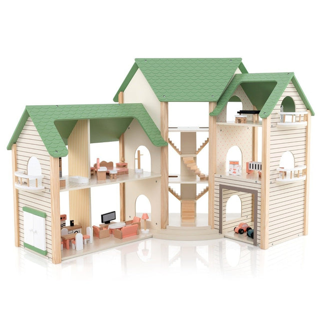 Dollhouse with green roof & 36 accessories playset “Corner Villa” made of wood DIY dream house