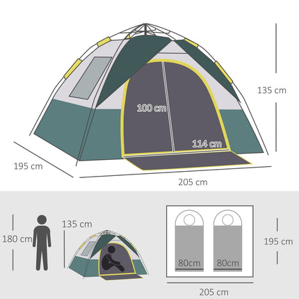 Kupolový stan pro 3 osoby, voděodolný polyester, zelený, 205x195x135cm