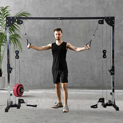 Kladková posilovací stanice domů, závaží až 50 kg na stranu, kladková stanice s madly, samostojná kladková věž na cvičení home gym 245 x 207 cm
