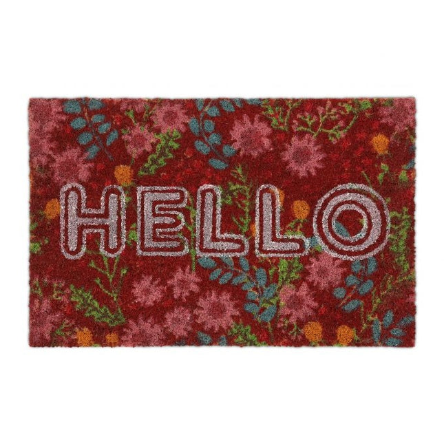 Deurmat van kokosvezel "Hallo" met bloemen