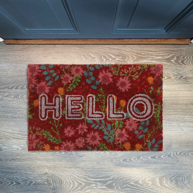Deurmat van kokosvezel "Hallo" met bloemen