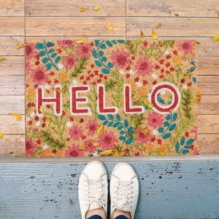 Rohožka z kokosového vlákna „Hello“ s květinami