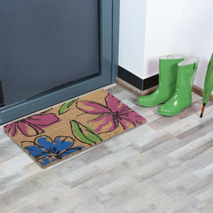 Door mat in coconut with floral motifs