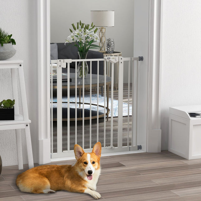 Deurveiligheidshek voor honden, slagboom, 74-87 cm, traphekje voor huisdieren, hondenhek inclusief verlengstuk, beschermhek zonder boren, metaal, kunststof, wit
