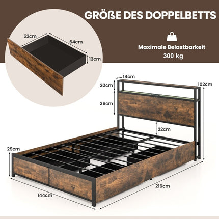 Double Bed Frame with LED Platform Bed & Drawers Noise-Free Bed Frame Rustic Brown