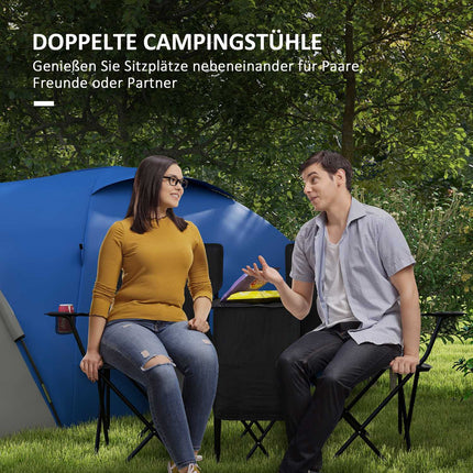 Double camping chair with table, cup holder, black