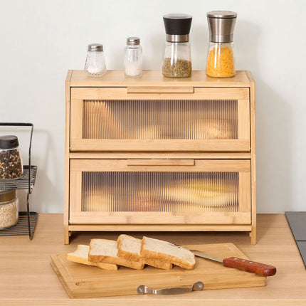 Double-Layer Bamboo Bread Box, Acrylic Door, 15.35 in