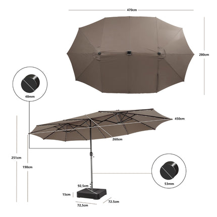Double Patio Umbrella 470 x 280 cm, Solar LEDs, Base