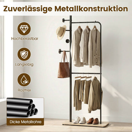 Double Rod Clothes Rack with Wood Hooks and Shelf