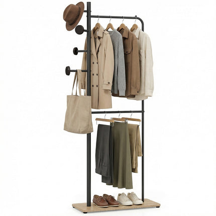Double Rod Clothes Rack with Wood Hooks and Shelf