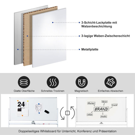 Oboustranná magnetická mobilní tabule nastavitelná na kolečkách bílá