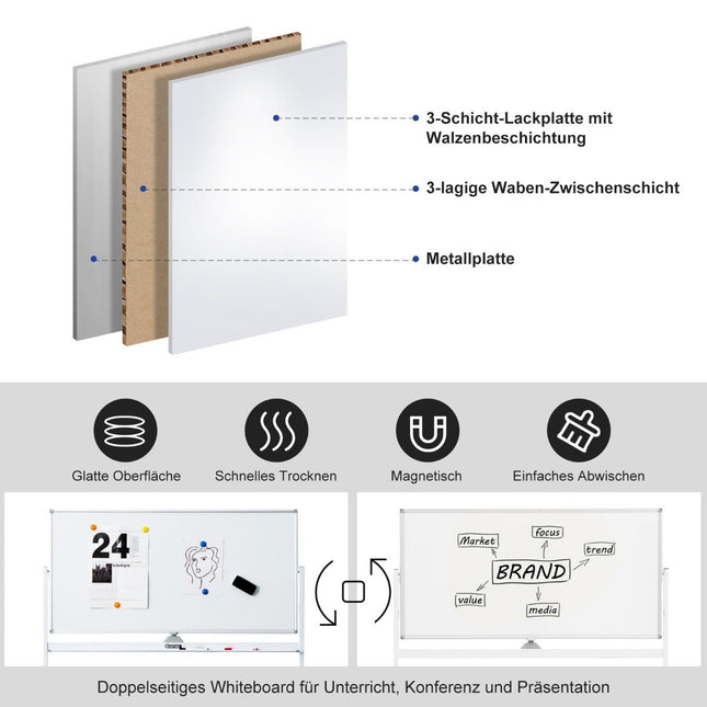 Oboustranná magnetická mobilní tabule nastavitelná na kolečkách bílá