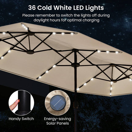 Double-Sided Parasol 4 x 2 m with 36 Solar LED Lights, Crank, Beige