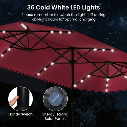 Double-Sided Parasol 4 x 2 m with 36 Solar LED Lights, Crank Handle, Burgundy