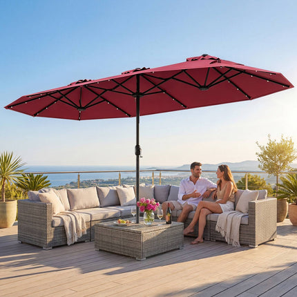 Double-Sided Parasol 4 x 2 m with 36 Solar LED Lights, Crank Handle, Burgundy