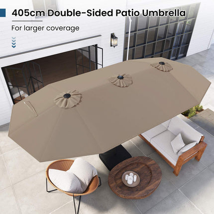 Double-Sided Parasol 4 x 2 m with 36 Solar LED Lights, Crank, Light Brown