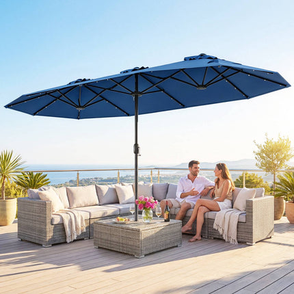 Double-Sided Parasol 4 x 2 m with 36 Solar LED Lights, Crank, Navy Blue