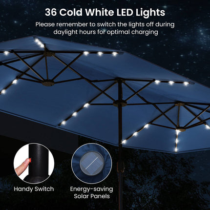 Double-Sided Parasol 4 x 2 m with 36 Solar LED Lights, Crank, Navy Blue