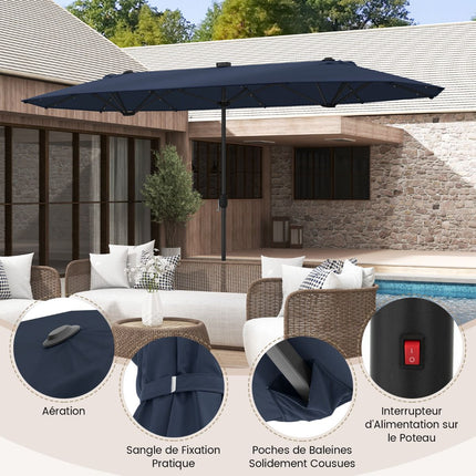 Oboustranný zahradní slunečník 400x200cm, solární LED, stojan