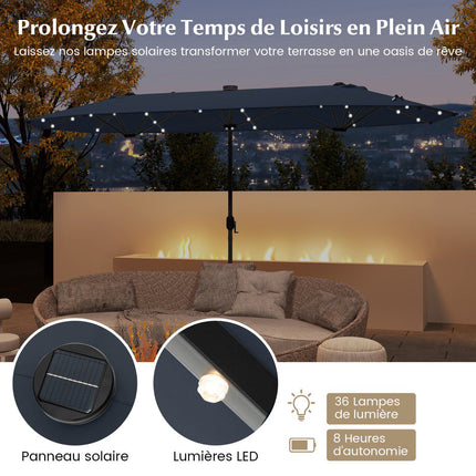 Oboustranný zahradní slunečník 400x200cm, solární LED, stojan