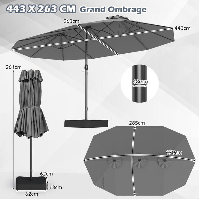 Oboustranný zahradní slunečník 470x285 cm, stojan, UPF 50+