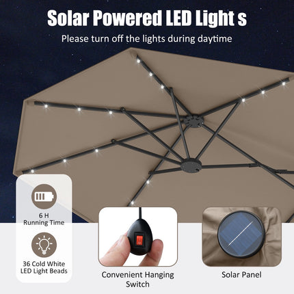 Oboustranný zahradní slunečník 4m se stojanem, solární LED, kávová