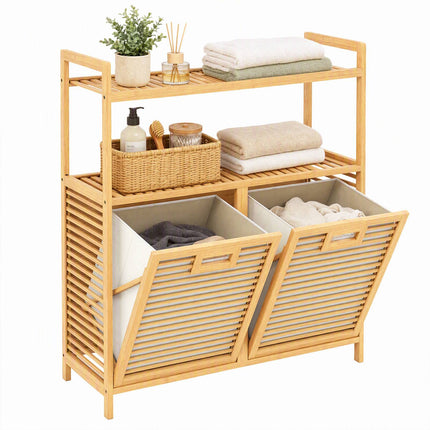 Double Tilt-Out Bamboo Laundry Hamper with Shelves