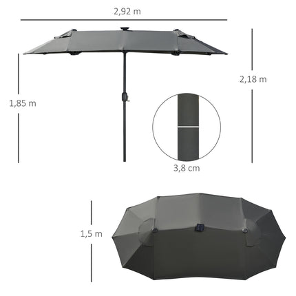 Dvojitý zahradní slunečník, 295x219cm, odolný proti větru, s LED & naklápěním