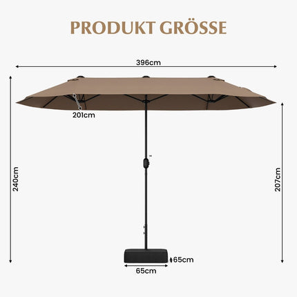 Dvojitý slunečník se stojanem 400 x 200 cm velký XXL hnědá