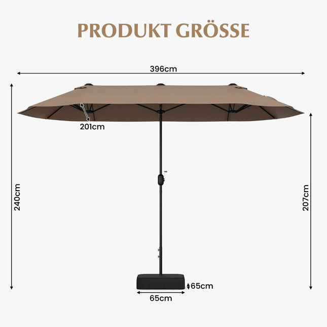 Double parasol with stand 400 x 200 cm parasol large XXL brown