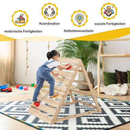 Oboustranný lezecký trojúhelník dřevěná prolézačka s lezeckými kameny a žebříky 112 x 70 x 96 cm přírodní