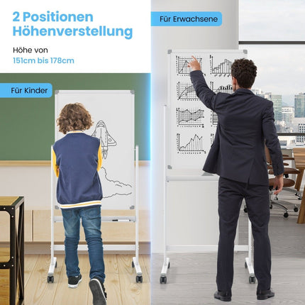 Double-sided mobile whiteboard with pen tray & accessories for school office 60 x 90 cm white