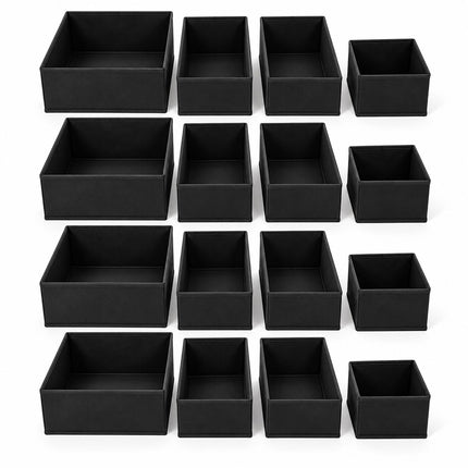 Drawer Organiser Boxes 16-Piece Set in 3 Sizes, Black, Non-Woven Fabric