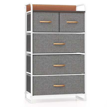 Drawer cabinet with 5 fabric drawers & steel frame & wooden surface chest of drawers gray