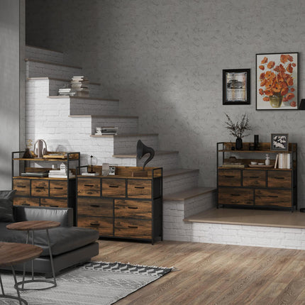 Komoda v industriálním stylu, 7 látkových zásuvek - rustikální hnědá