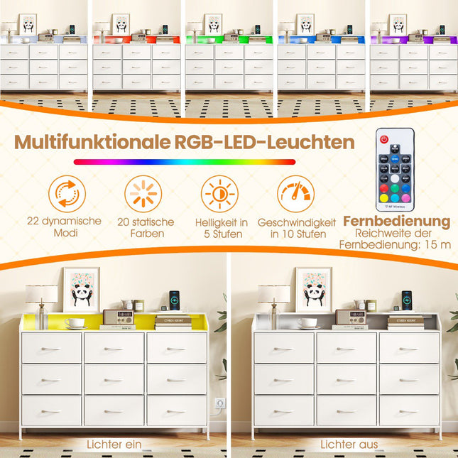 Komoda s LED osvětlením, nabíjecí stanicí a 9 látkovými zásuvkami